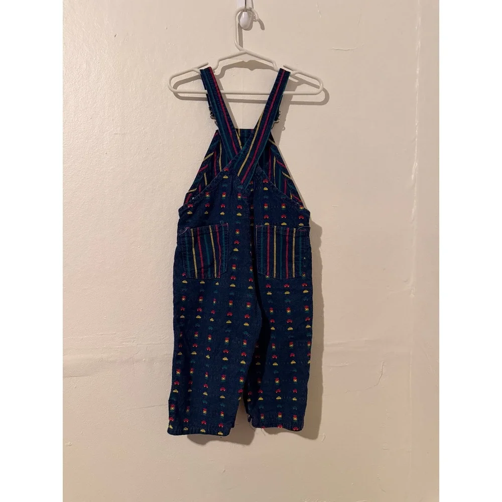 Vintage OshKosh Bgosh Car Embroidered Striped Denim Overalls 24M Blue Red Yellow
